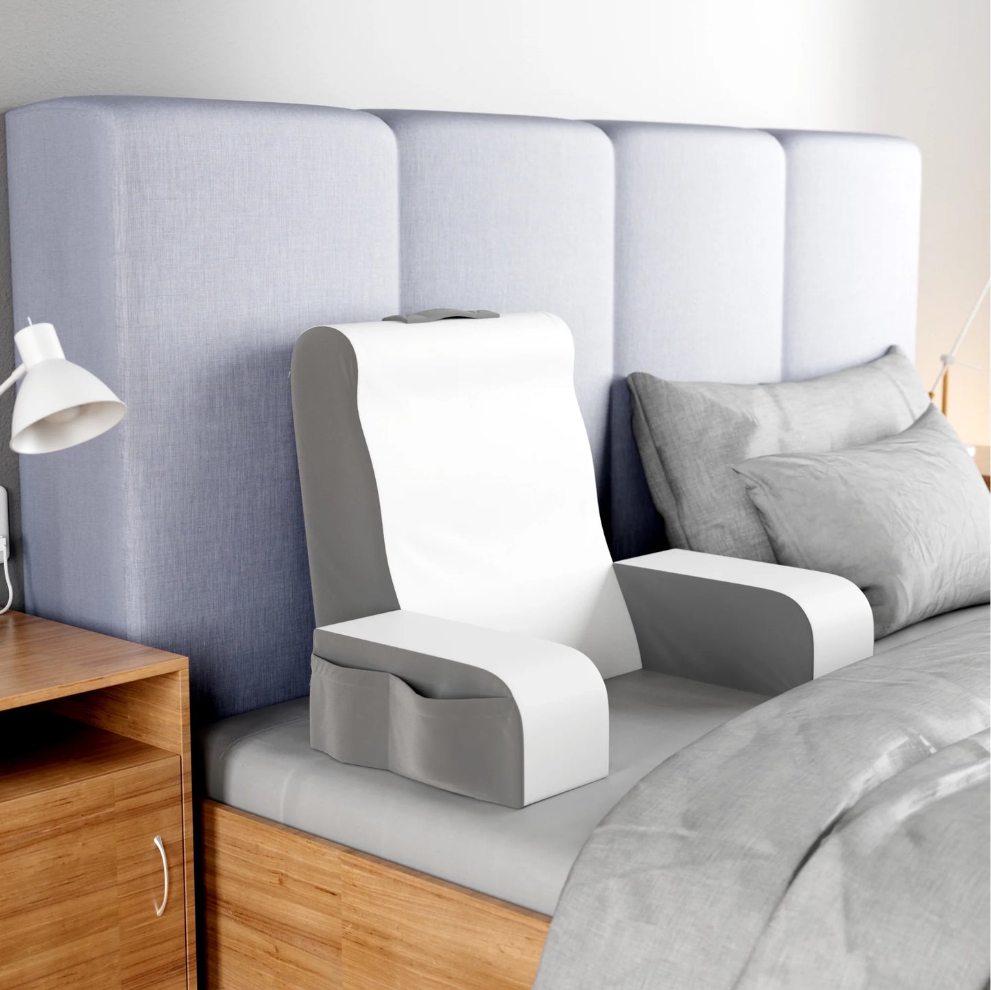 Reading Pillow | Full Support for Comfort Solid Foam | Back Pillow for Bed Sitting up TV Book Gaming Pillow - Back Support Pillow for Bed Backrest Bed Chair with Arms (Grey/White, Standard)