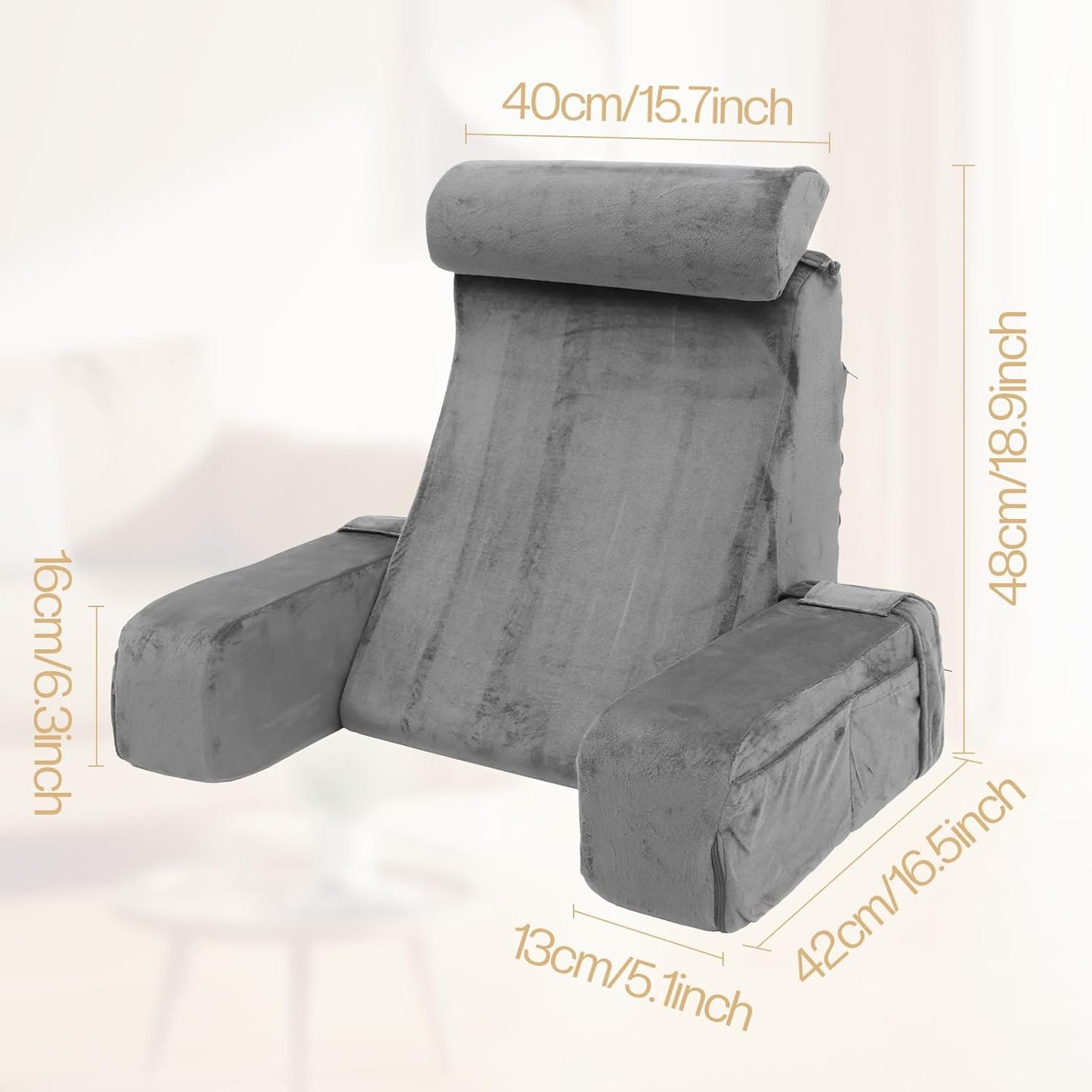 BedRest™ Premium Reading & Support Pillow – Solid Foam Backrest with Detachable Neck Roll, Plush Velvet Cover & Arm Support (19" Wedge)