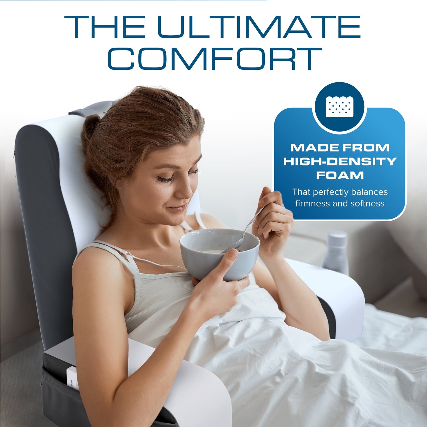 BedRest™ Tall Premium Reading & Support Pillow – Solid Foam Backrest with Arm Support, Detachable Neck Roll & Washable Velvet Cover (24” Height, Grey/Black)